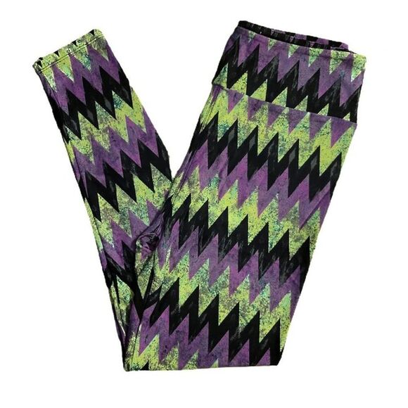 LuLaRoe Halloween Striped Chevron Green Purple Black Leggings OS Comfy - Picture 3 of 3